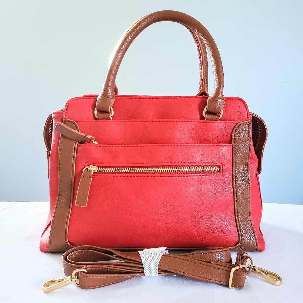 NWOT Faux Leather Peachy Orange & Brown Handbag Removable Strap Golden Hardware